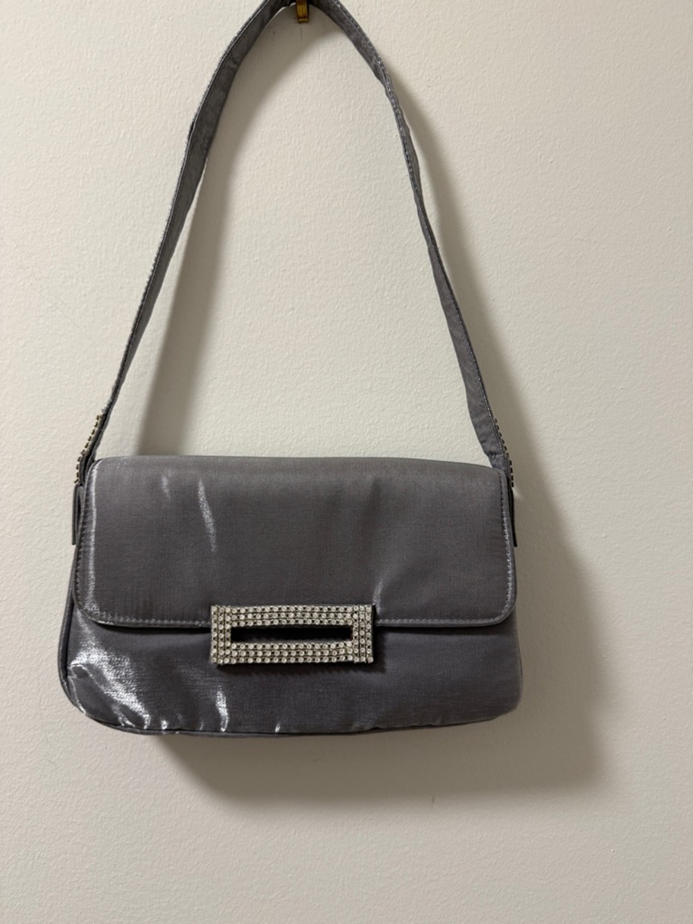 Vanessa Pewter Satin Shoulder Bag with Rhinestone details.